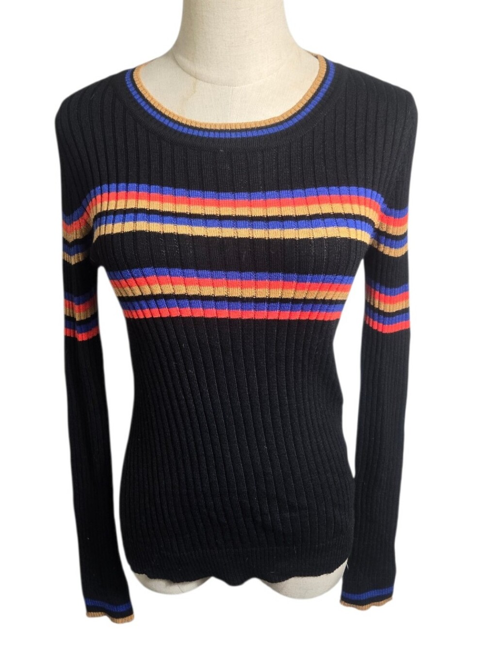 Pink Rose Black Ribbed Striped Crewneck Sweater NWT